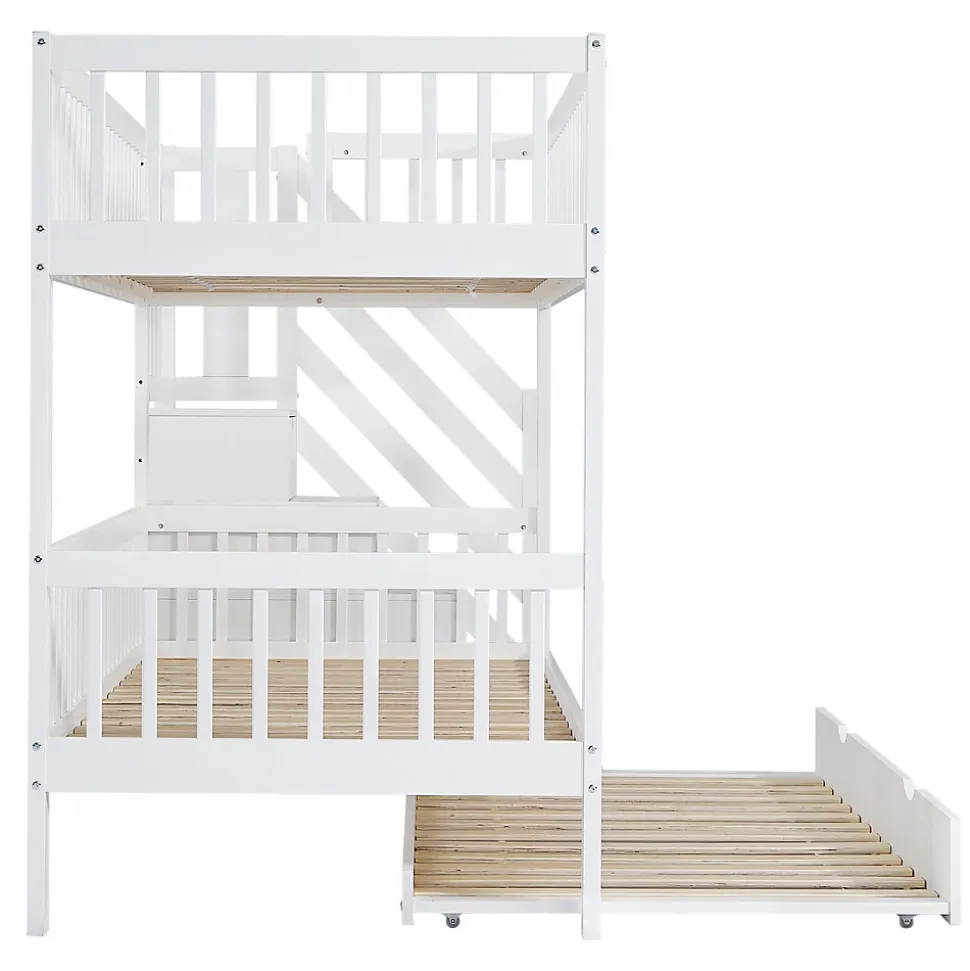 Lit superposé avec lit roulant, sécurité, échelle, cadre bois, 90x200,190cm, blanc