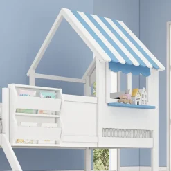 Lit superposé, avec rangement, escalier incliné 3 marches, fenêtre forme unique, tableau graffiti, blanc bleu, 90x200, 120x200cm