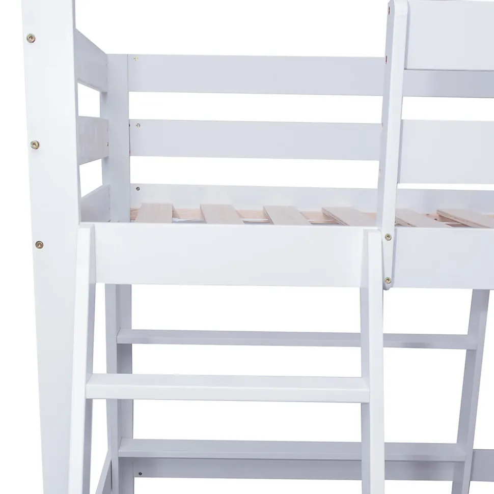 Lit superposé avec étagères et canapé, 1 tiroir, échelle inclinée 5 marches, cadre massif bois blanc, 90x200 cm