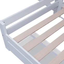 Lit superposé avec étagères et canapé, 1 tiroir, échelle inclinée 5 marches, cadre massif bois blanc, 90x200 cm