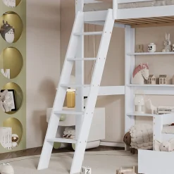 Lit superposé avec étagères et canapé, 1 tiroir, échelle inclinée 5 marches, cadre massif bois blanc, 90x200 cm