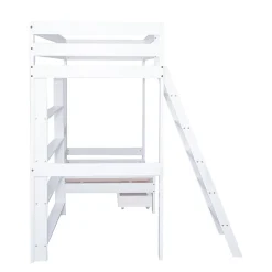 Lit superposé avec étagères et canapé, 1 tiroir, échelle inclinée 5 marches, cadre massif bois blanc, 90x200 cm