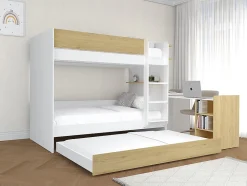 Lit superposé avec tiroir lit gigogne et 2 bureaux 3 x 90 x 190 cm - Coloris : Blanc et naturel + Matelas - DOMATI