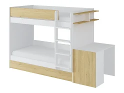 Lit superposé avec tiroir lit gigogne et 2 bureaux 3 x 90 x 190 cm - Coloris : Blanc et naturel + Matelas - DOMATI