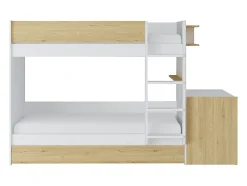 Lit superposé avec tiroir lit gigogne et 2 bureaux 3 x 90 x 190 cm - Coloris : Blanc et naturel + Matelas - DOMATI