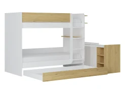 Lit superposé avec tiroir lit gigogne et 2 bureaux 3 x 90 x 190 cm - Coloris : Blanc et naturel + Matelas - DOMATI