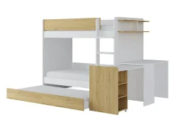 Lit superposé avec tiroir lit gigogne et 2 bureaux 3 x 90 x 190 cm - Coloris : Blanc et naturel + Matelas - DOMATI