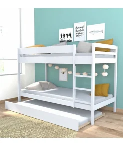 Lit superposé avec tiroir lit - 3 x 90 x 190 cm - Bois Pin massif - Blanc - Sommiers inclus - WALLY