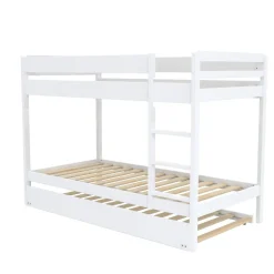 Lit superposé avec tiroir lit - 3 x 90 x 190 cm - Bois Pin massif - Blanc - Sommiers inclus - WALLY