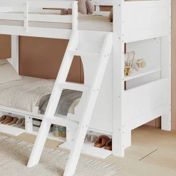 Lit superposé barrières sécurité bureau intégré meuble chaussures 4 compartiments échelle 3 niveaux pin MDF blanc 90x200