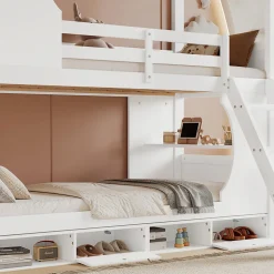 Lit superposé barrières sécurité bureau intégré meuble chaussures 4 compartiments échelle 3 niveaux pin MDF blanc 90x200