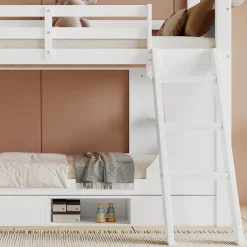 Lit superposé barrières sécurité bureau intégré meuble chaussures 4 compartiments échelle 3 niveaux pin MDF blanc 90x200