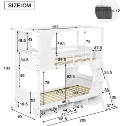 Lit superposé barrières sécurité bureau intégré meuble chaussures 4 compartiments échelle 3 niveaux pin MDF blanc 90x200