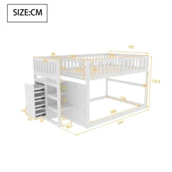 Lit superposé bas Lit enfant 140 x 200 cm en bois avec compartiments de rangement ouverts et clôture, blanc