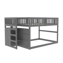 Lit superposé bas Lit enfant 140 x 200 cm en bois avec compartiments de rangement ouverts et clôture, gris