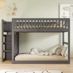 Lit superposé bas Lit enfant 140 x 200 cm en bois avec compartiments de rangement ouverts et clôture, gris