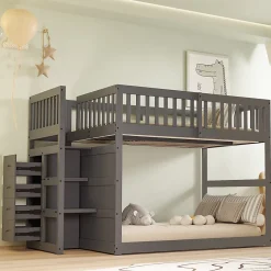 Lit superposé bas Lit enfant 140 x 200 cm en bois avec compartiments de rangement ouverts et clôture, gris