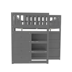 Lit superposé bas Lit enfant 140 x 200 cm en bois avec compartiments de rangement ouverts et clôture, gris