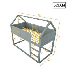 Lit superposé bas 90x200 cm en bois massif avec échelle pour enfant coloris gris