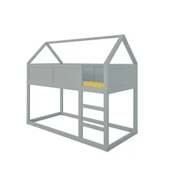 Lit superposé bas 90x200 cm en bois massif avec échelle pour enfant coloris gris