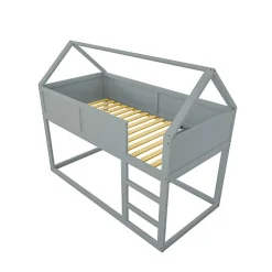 Lit superposé bas 90x200 cm en bois massif avec échelle pour enfant coloris gris