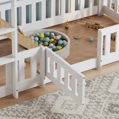 Lit superposé bois pin LVL escalier droit rambarde porte protection anti-chute espace modulable sous lit blanc 90x200cm