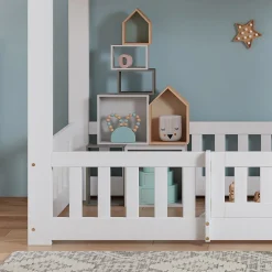 Lit superposé bois pin LVL escalier droit rambarde porte protection anti-chute espace modulable sous lit blanc 90x200cm