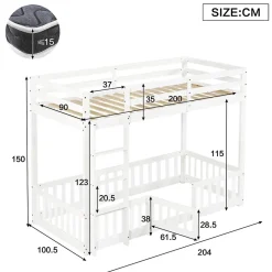 Lit superposé bois pin LVL escalier droit rambarde porte protection anti-chute espace modulable sous lit blanc 90x200cm