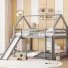 Lit superposé cabane 140x200 cm gris avec toboggan et échelle, design ludique et moderne pour chambre