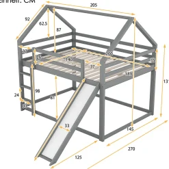 Lit superposé cabane 140x200 cm gris avec toboggan et échelle, design ludique et moderne pour chambre