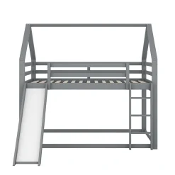 Lit superposé cabane 140x200 cm gris avec toboggan et échelle, design ludique et moderne pour chambre