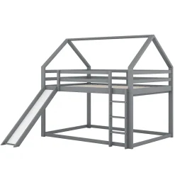 Lit superposé cabane 140x200 cm gris avec toboggan et échelle, design ludique et moderne pour chambre