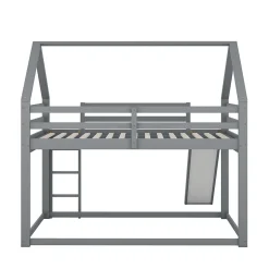 Lit superposé cabane 140x200 cm gris avec toboggan et échelle, design ludique et moderne pour chambre