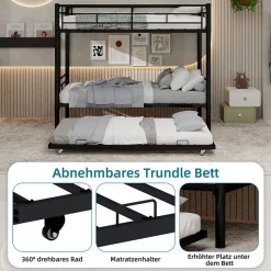 Lit Superposé Convertible 90x190 cm - Lit Enfant avec Échelle et Garde-Corps Silencieux , Fer - Sans Matelas - Noir