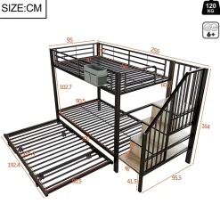 Lit superposé en fer 90 x 200 cm et 180 x 200 cm, lit gigogne multifonctionnel, sac en tissu, escaliers de rangement, noir