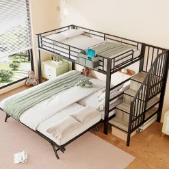Lit superposé en fer 90 x 200 cm et 180 x 200 cm, lit gigogne multifonctionnel, sac en tissu, escaliers de rangement, noir