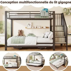 Lit superposé en fer 90 x 200 cm et 180 x 200 cm, lit gigogne multifonctionnel, sac en tissu, escaliers de rangement, noir