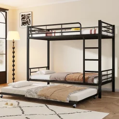 Lit superposé en métal, adapté enfants et ados, avec lit gigogne, 4 barrières, noir, 90x200cm, 90x190cm