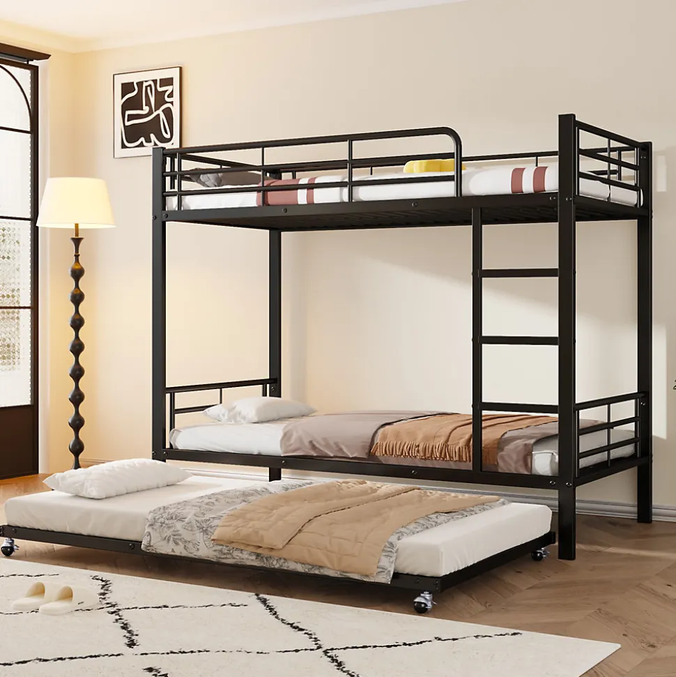 Lit superposé en métal, adapté enfants et ados, avec lit gigogne, 4 barrières, noir, 90x200cm, 90x190cm
