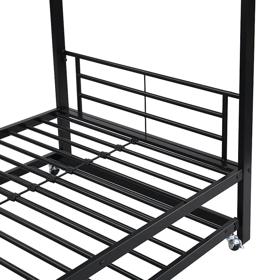 Lit superposé en métal, adapté enfants et ados, avec lit gigogne, 4 barrières, noir, 90x200cm, 90x190cm
