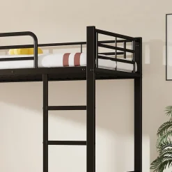 Lit superposé en métal, adapté enfants et ados, avec lit gigogne, 4 barrières, noir, 90x200cm, 90x190cm