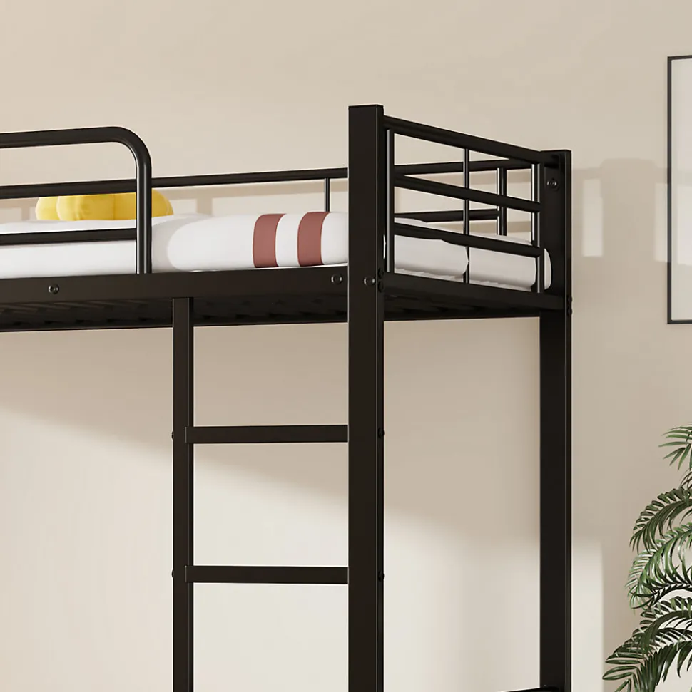 Lit superposé en métal, adapté enfants et ados, avec lit gigogne, 4 barrières, noir, 90x200cm, 90x190cm