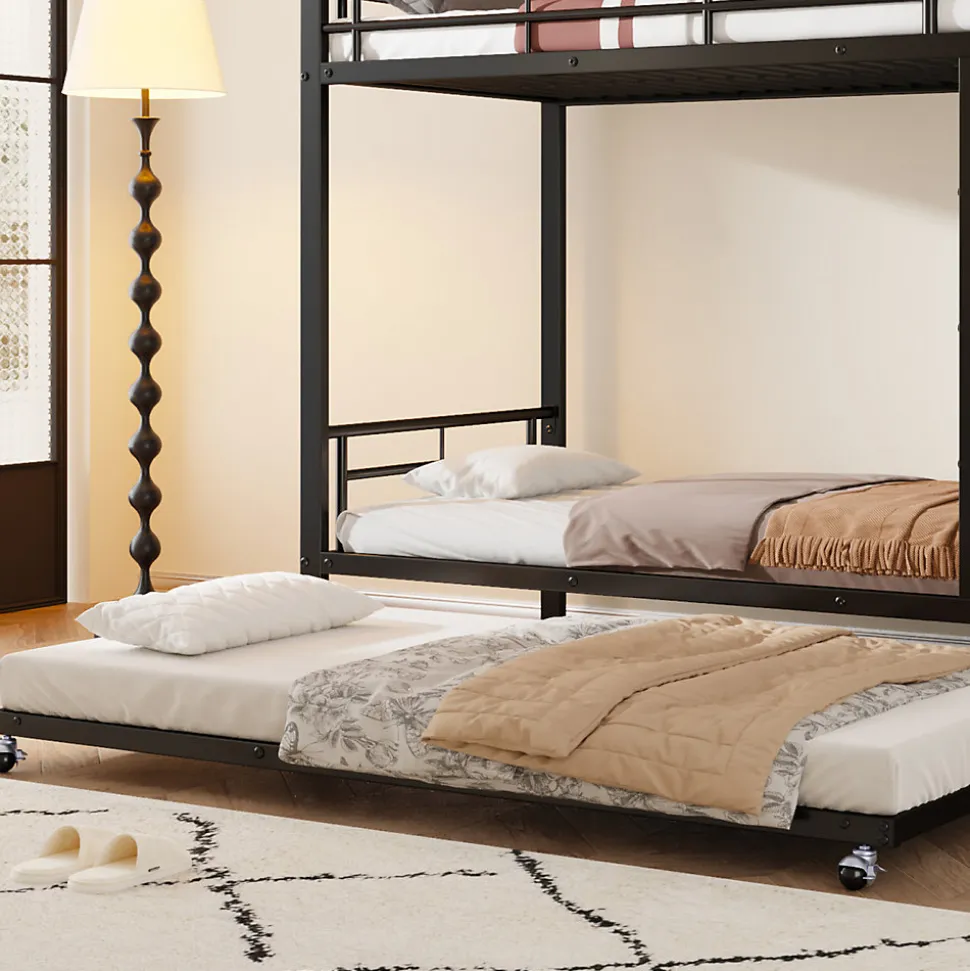 Lit superposé en métal, adapté enfants et ados, avec lit gigogne, 4 barrières, noir, 90x200cm, 90x190cm