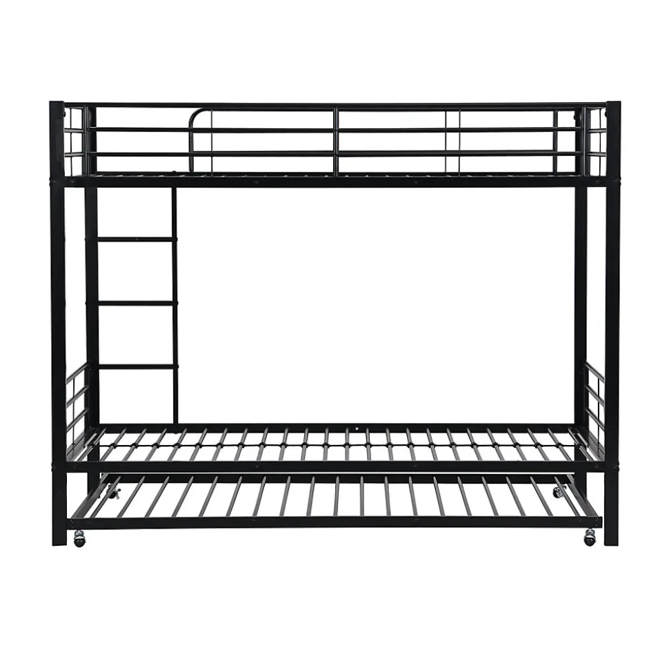 Lit superposé en métal, adapté enfants et ados, avec lit gigogne, 4 barrières, noir, 90x200cm, 90x190cm