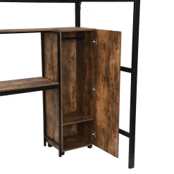 Lit superposé en métal avec bureau et armoire, étagères, échelle 4 marches, noir, 90x200cm