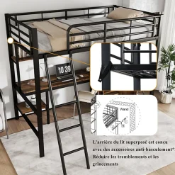 Lit superposé en métal avec bureau et armoire, étagères, échelle 4 marches, noir, 90x200cm