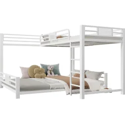 Lit superposé en métal en forme de L - 90x200cm + 140x200 cm - Barrières de sécurité et échelle - Métal - Blanc (sans matelas)