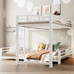 Lit superposé en métal en forme de L - 90x200cm + 140x200 cm - Barrières de sécurité et échelle - Métal - Blanc (sans matelas)