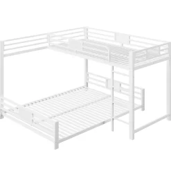 Lit superposé en métal en forme de L - 90x200cm + 140x200 cm - Barrières de sécurité et échelle - Métal - Blanc (sans matelas)
