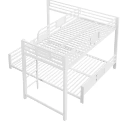 Lit superposé en métal en forme de L - 90x200cm + 140x200 cm - Barrières de sécurité et échelle - Métal - Blanc (sans matelas)